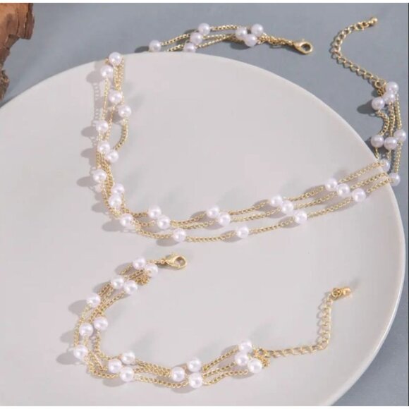 Elegant French Style 2-Piece, Multilayer Pearl Necklace and Bracelet Combo - Picture 2 of 4